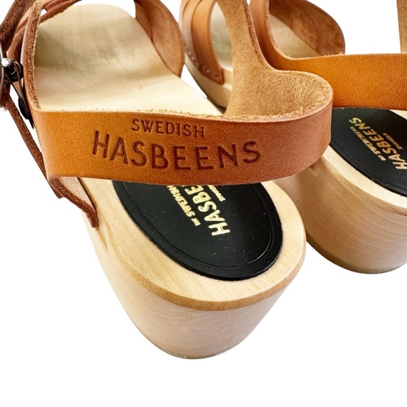 NEW Swedish Hasbeens Peep Toe Low Wood Clog Sandals Nature Size 38 US 8 - Picture 12 of 16
